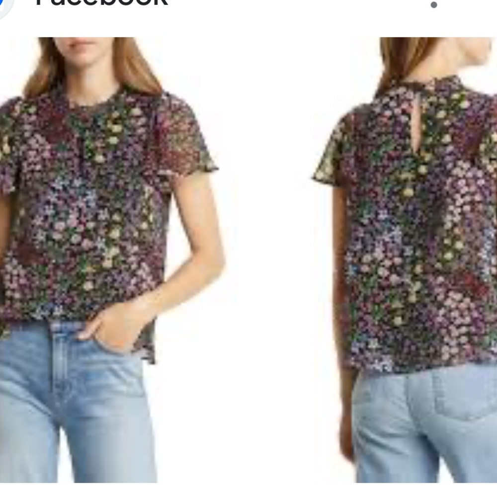 1 State Black Floral Short Flutter Sleeve Top Size Large NWT
